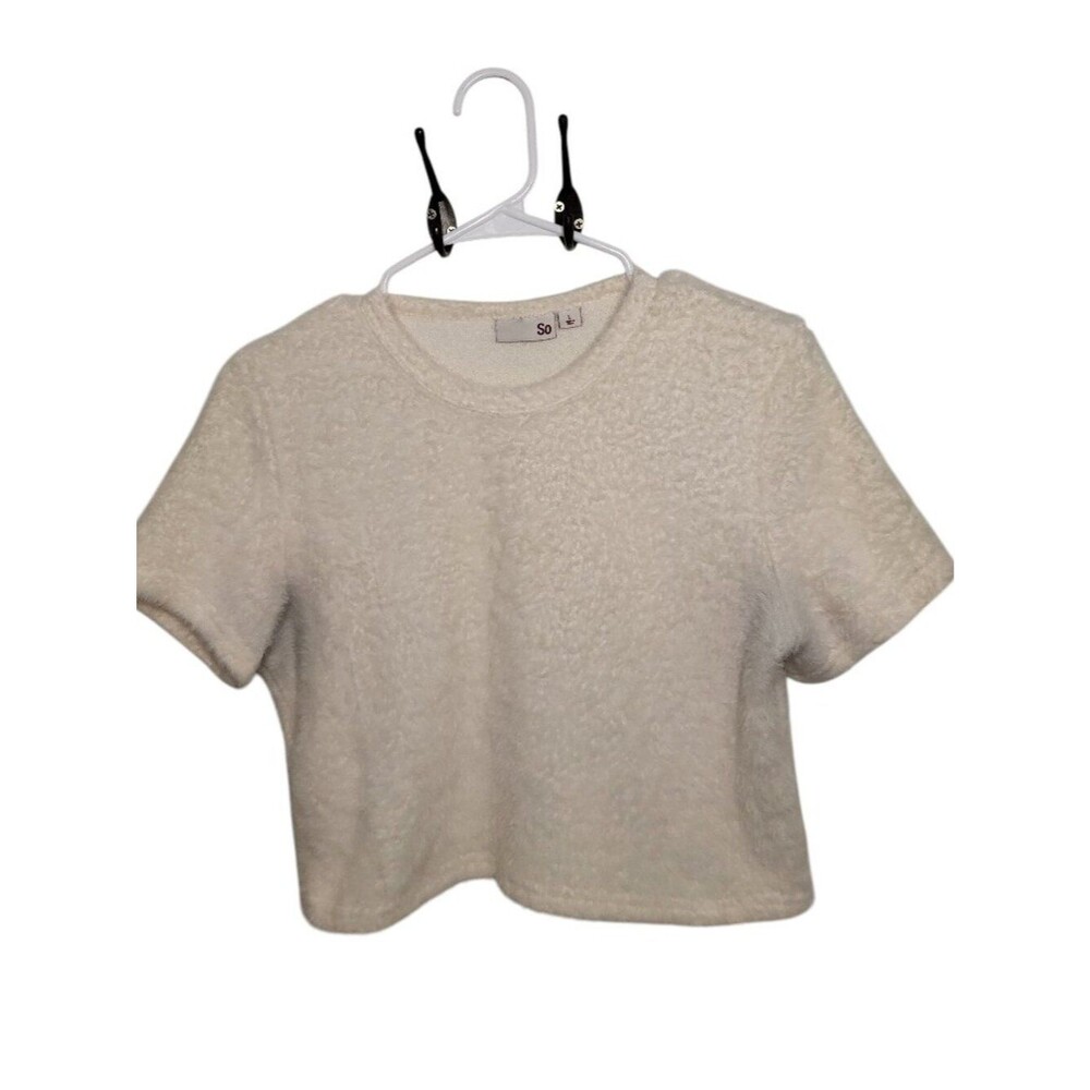 SO Fuzzy Knit Cropped Short Sleeve Sweater Cream White